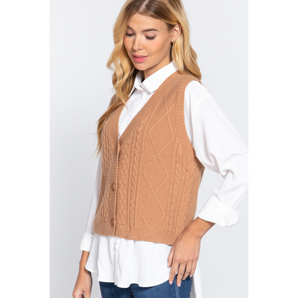 V-neck Cable Sweater Vest Cardigan - Picture 3 of 7